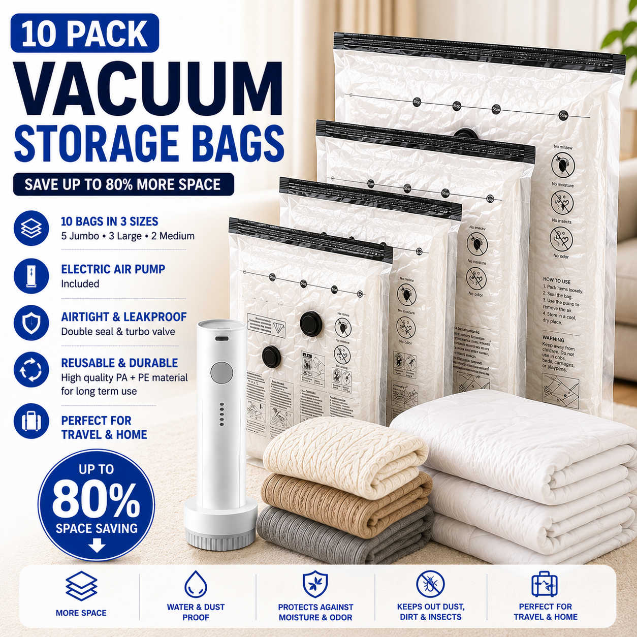 10_Pack Vacuum Storage Bags with Electric Pump